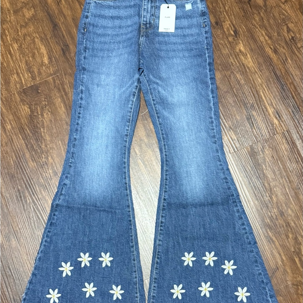 Forever 21 Blue Flare Jeans with Daisy Embroidery different sizes available